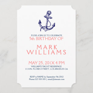 Blue Nautical Boat Anchor Birthday Party Invite