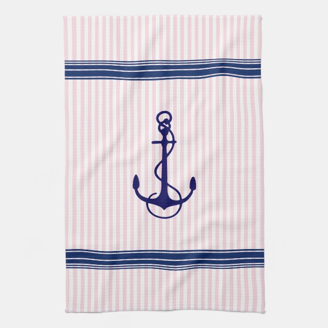 Blue Nautical Boat Anchor Stripes Accent Tea Towel (Vertical)