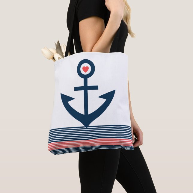 Blue nautical boat anchor stripes red heart tote bag (Close Up)