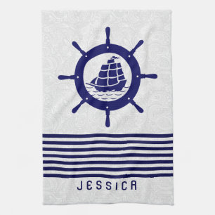 Blue Nautical Boat Wheel And Stripes Tea Towel