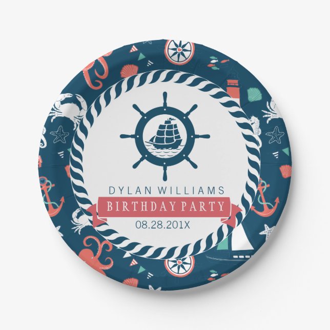 Blue Nautical Boat Wheel & Marine Life Pattern Paper Plate (Front)