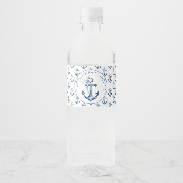 Blue Nautical Boy Baby Shower Water Bottle Label | (Front)