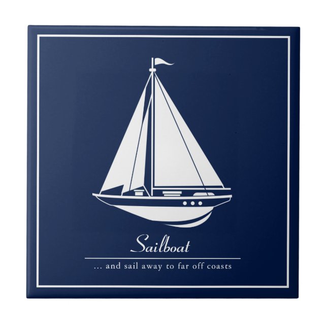 Blue Nautical Ceramic Tile, White Sailboat Ceramic Tile (Front)