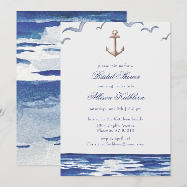 Blue Nautical Coastal Sea Bridal Shower Invitation (Front/Back)