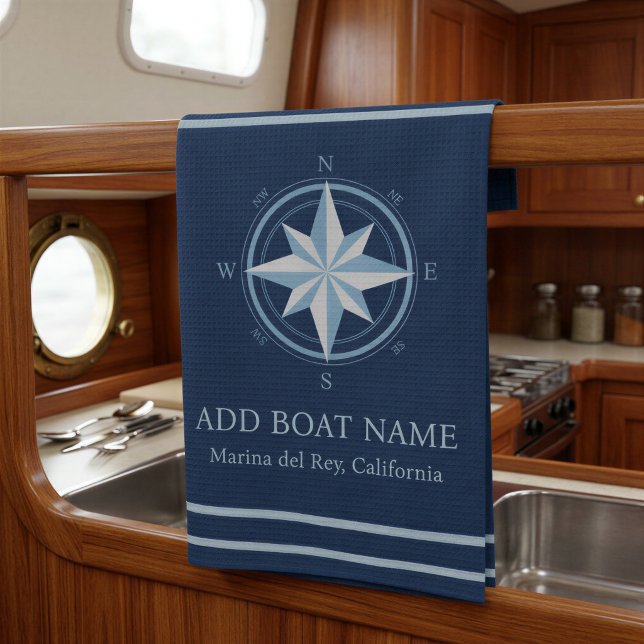 Blue Nautical Compass Custom Boat Name Tea Towel (Blue Nautical Compass Custom Boat Name Kitchen Towel)