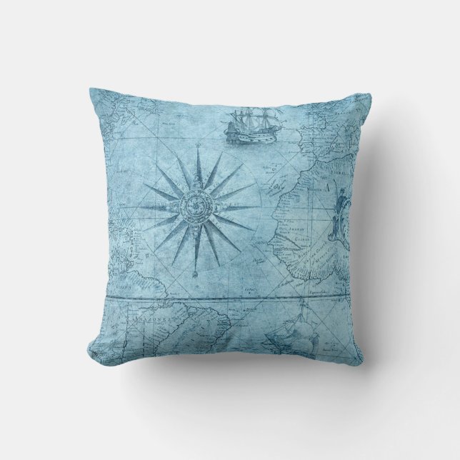 Blue Nautical Compass Throw Pillow (Front)