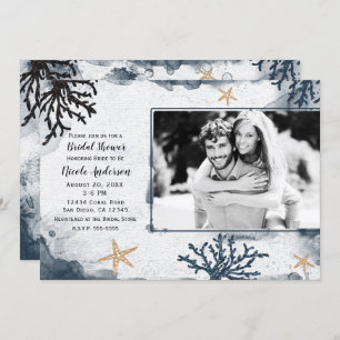 Blue Nautical Coral Watercolor Bridal Shower Photo Invitation