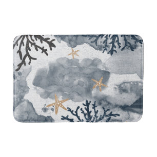 Blue Nautical Coral Watercolor Elegant Bath Mat