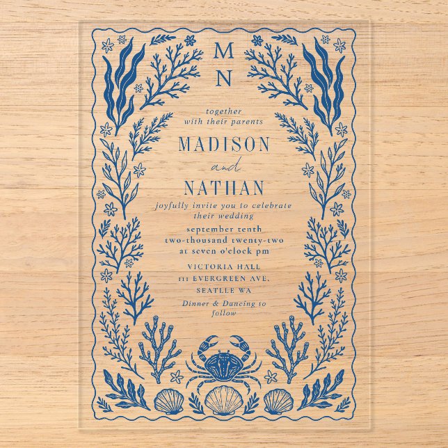 Blue Nautical Crab Shell Ocean Beach Wedding Acrylic Invitations (Front)