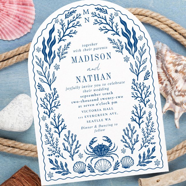 Blue Nautical Crab Shell Ocean Beach Wedding Arch Invitation (Creator Uploaded)