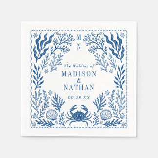 Blue Nautical Crab Shell Ocean Beach Wedding Napkin