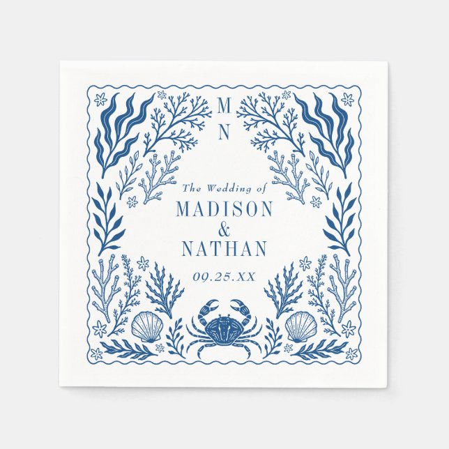 Blue Nautical Crab Shell Ocean Beach Wedding Napkin (Front)