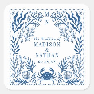 Blue Nautical Crab Shell Ocean Beach Wedding Square Sticker