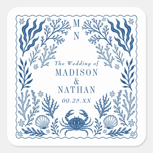 Blue Nautical Crab Shell Ocean Beach Wedding Square Sticker (Front)