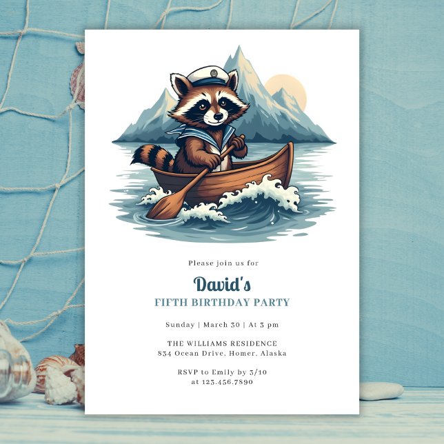 Blue Nautical Cute Fishing Racoon Birthday Party Invitation (Blue Nautical Cute Fishing Raccoon Birthday Party Invitation)
