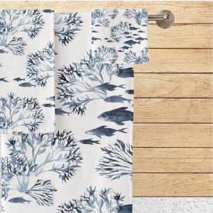 Blue Nautical Fish and Coral Pattern Bath Towel Set
