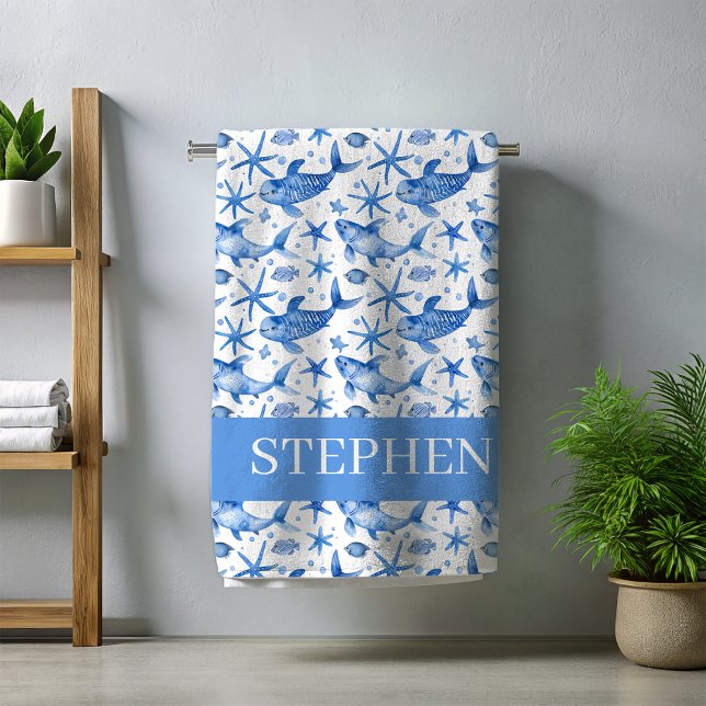 Blue Nautical Fish Starfish Personalised Beach Towel (Creator Uploaded)