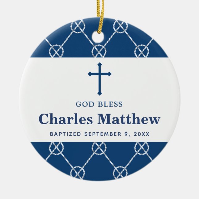 Blue Nautical Knot Classic Beach Boy Baptism Ceramic Ornament (Front)