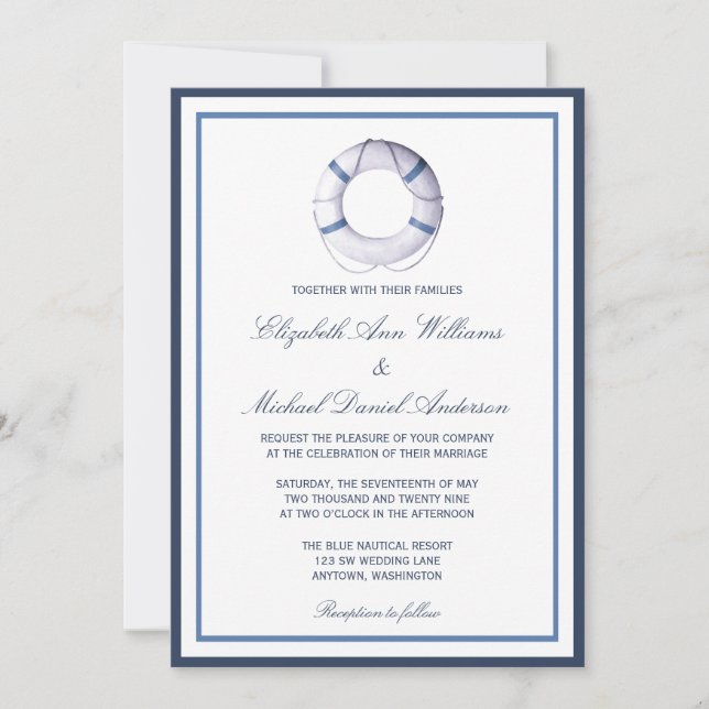 Blue Nautical Life Ring Wedding Invitations (Front)