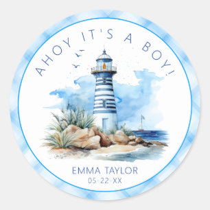 Blue Nautical Lighthouse Baby Shower Classic Round Sticker