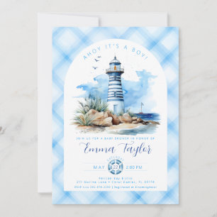 Blue Nautical Lighthouse Boy Baby Shower Invitation