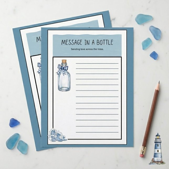 Blue Nautical Message Bottle Lined Writing Paper (Send love across the tides today.)