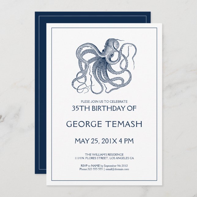 Blue nautical octopus birthday party Invitation 2 (Front/Back)