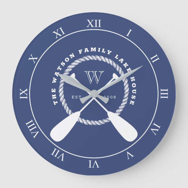 Blue Nautical Paddle Monogram Large Clock (Front)