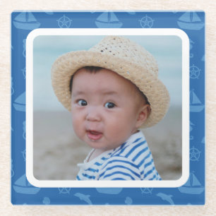 Blue Nautical Pattern Custom Baby Boy Photo Glass Coaster