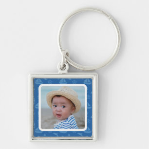 Blue Nautical Pattern Custom Baby Boy Photo Key Ring