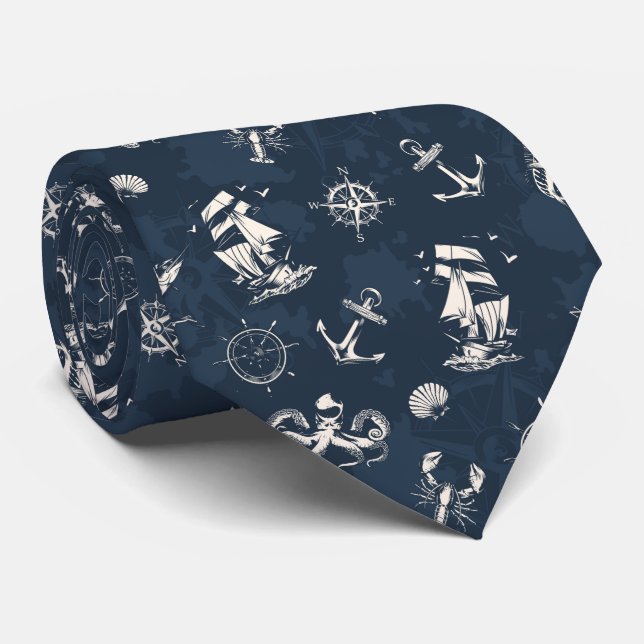 Blue Nautical Pattern Tie (Rolled)