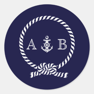 Blue Nautical Rope and Anchor Monogram Classic Round Sticker