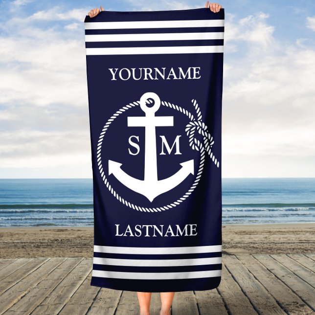 Blue Nautical Rope and Anchor Personalised Beach Towel (Creator Uploaded)