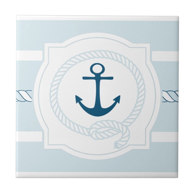 Blue nautical rope and anchor stripes ceramic tile (Front)