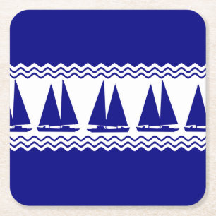 Blue Nautical Sailboat Coastal Stripes Square Paper Coaster