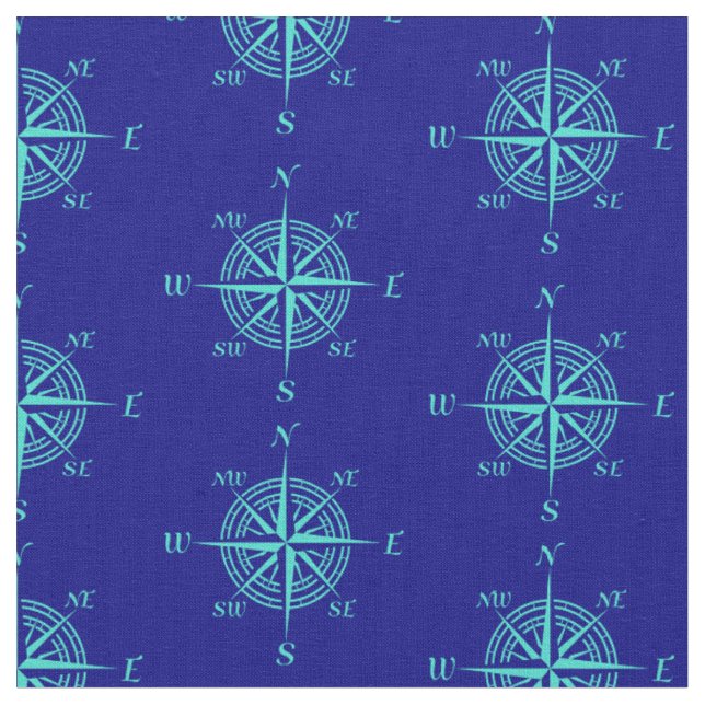 Blue Nautical Sailing Compass Fabric (Close Up)