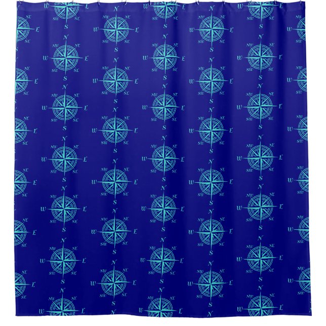 Blue Nautical Sailing Compass Shower Curtain (Front)