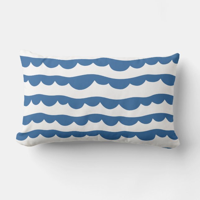 Blue Nautical Scallop Edge Sketch Pattern Lumbar Cushion (Front)