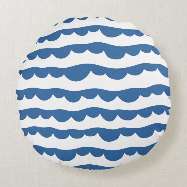 Blue Nautical Scallop Edge Sketch Pattern Round Cushion (Front)