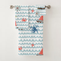 Blue Nautical Scene Pattern Kids Towel Set