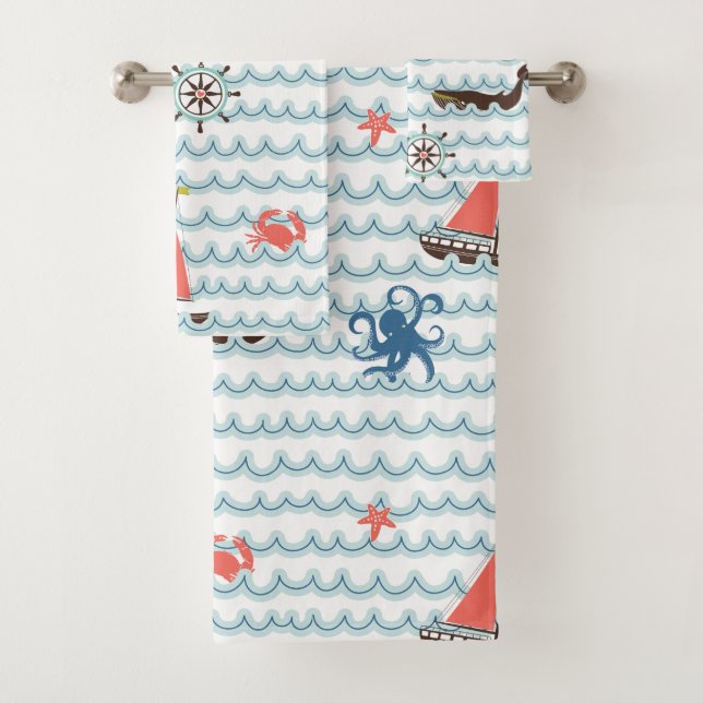 Blue Nautical Scene Pattern Kids Towel Set (Insitu)