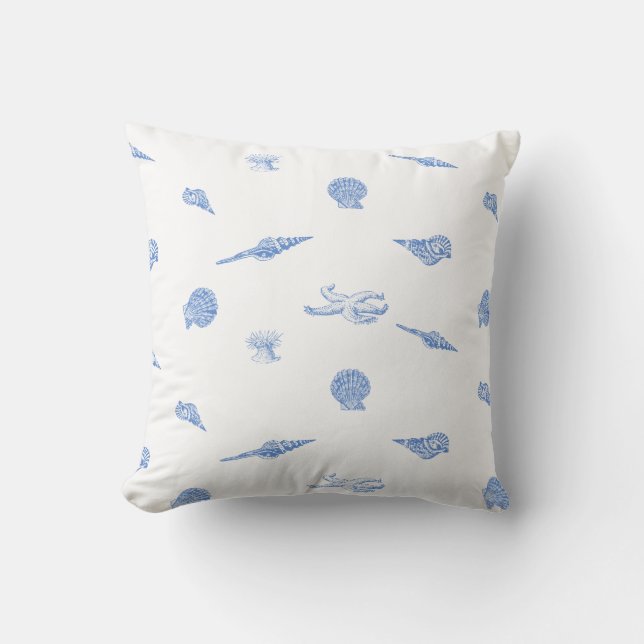 Blue Nautical Seashells and Starfish Pillow (Front)