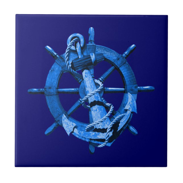 Blue Nautical Ships Wheel And Anchor Ceramic Tile (Front)