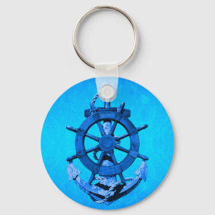 Blue Nautical Ships Wheel And Anchor Key Ring