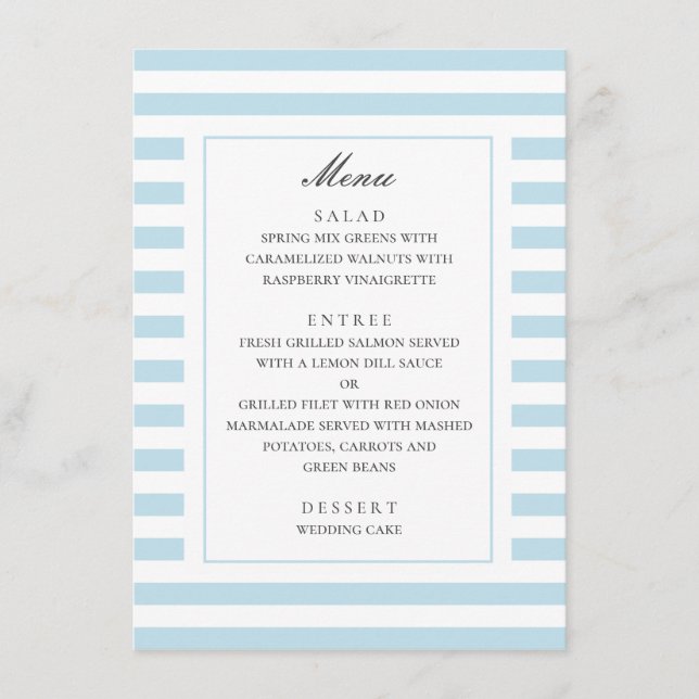 Blue nautical stripes. Modern striped wedding Menu (Front)