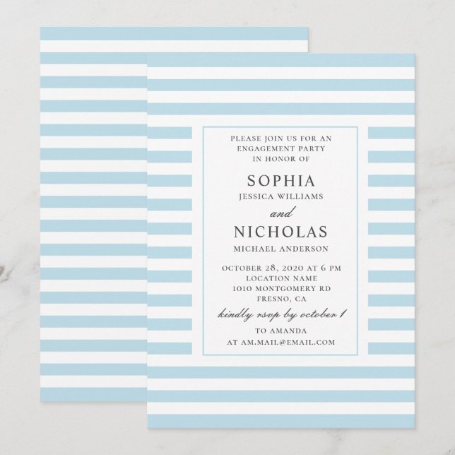 Blue nautical stripes. Striped engagement party Invitation (Front/Back)