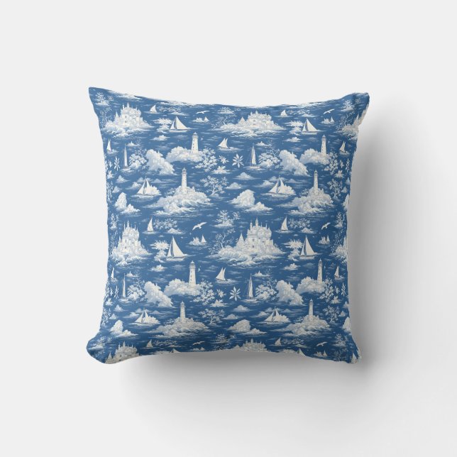 Blue Nautical Toile de Jouy Cushion (Front)