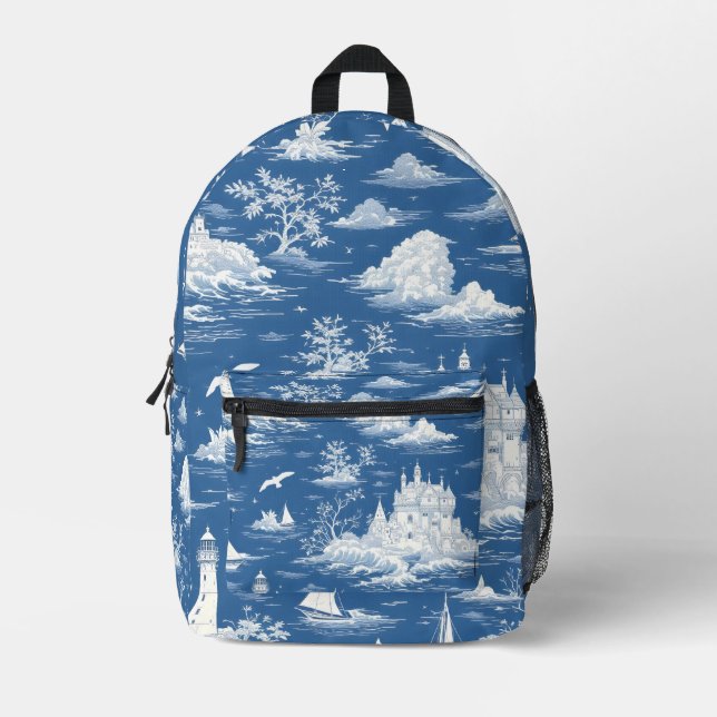 Blue Nautical Toile de Jouy Printed Backpack (Front)