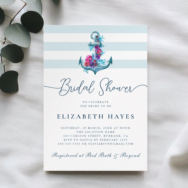 Blue Nautical Watercolor Anchor Bridal Shower Invitation (Creator Uploaded)
