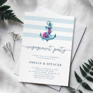Blue Nautical Watercolor Anchor Engagement Party Invitation